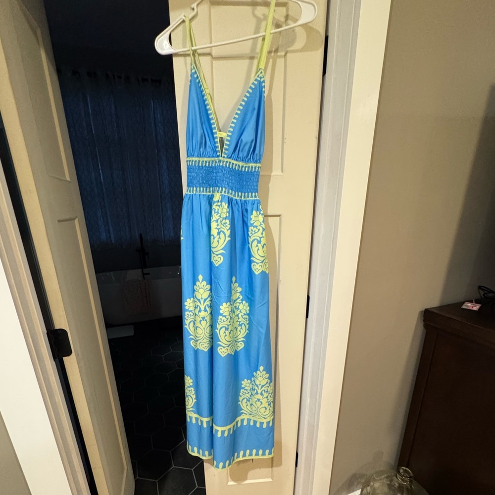 Blue and Lime spaghetti strap V-Neck Maxi Dress